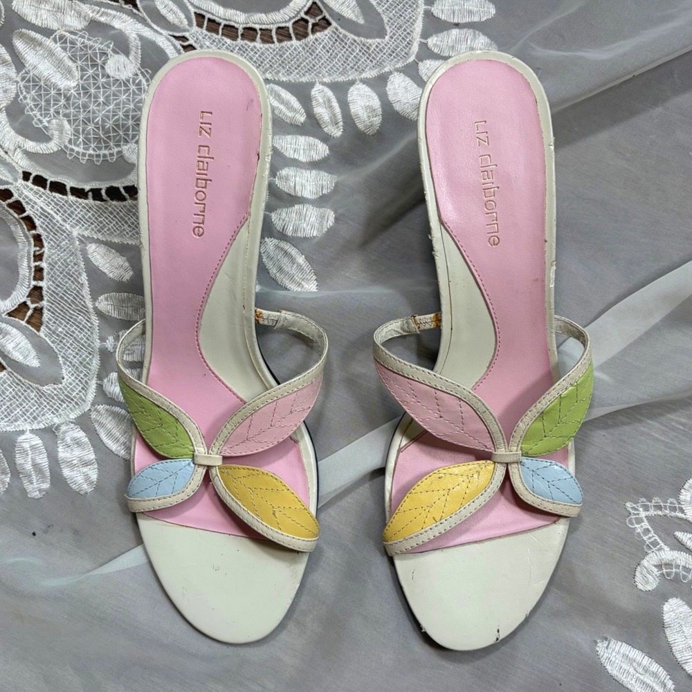 Y2K Fairy Cottage Garden Liz Claiborne Pastel Butterfly Kitten Heel Sandals 10